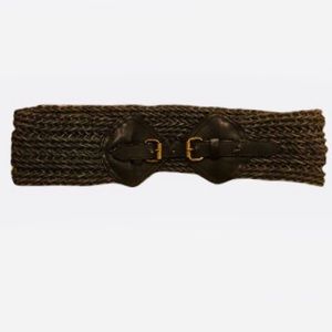 Barami woven chunky gray belt with brown leather clasp in front